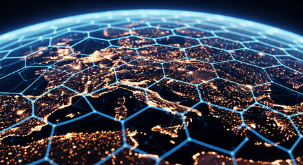 Close-up of earth at night, glowing city lights overlaid with hexagonal network, symbolizing global connectivity and digital network infrastructure
