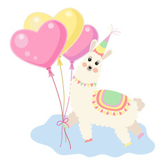 Happy Birthday Alpaca with Heart Shaped Balloons