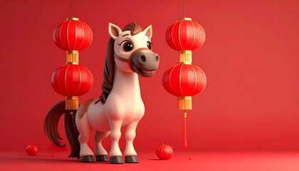 A cheerful cartoon horse standing amidst red lanterns, set against a bright red background