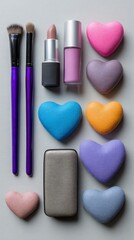 Fototapeta premium Makeup products on light gray surface for Valentine's Day