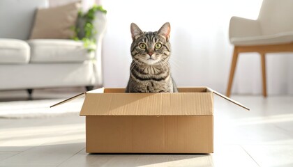 A playful cat sits inside a cardboard box, with a cozy living room setting in the background