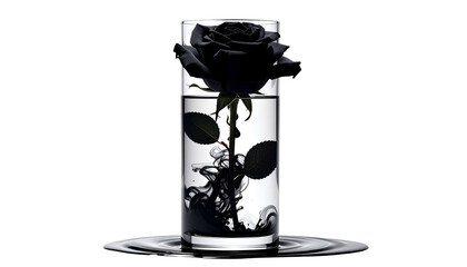 Dark rose submerged in water within a clear glass, with ink diffusing into elegant shapes