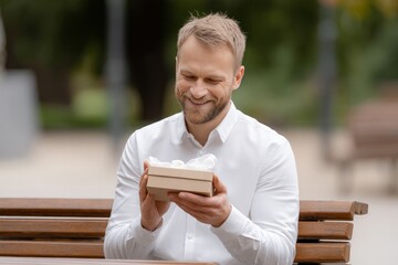 Fototapeta premium Man holding gift box outdoors on wooden bench