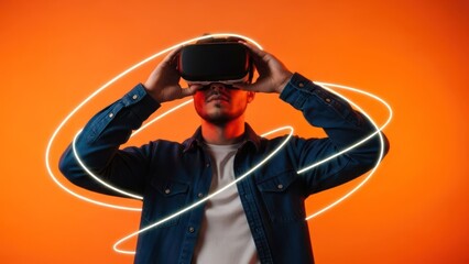 Man wearing VR headset, illuminated by neon swirls, orange background