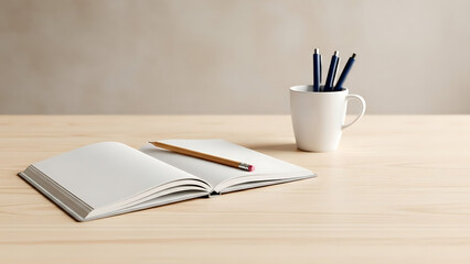 Open Notebook and Cup of Pens