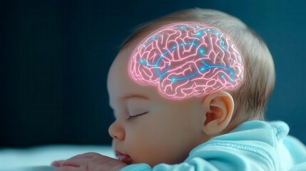 A peaceful baby sleeps as a glowing brain illustration highlights cognitive development and the wonders of early childhood.