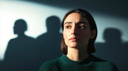 A contemplative woman stands in soft light, with shadowy figures behind her, evoking a sense of introspection and emotional depth.