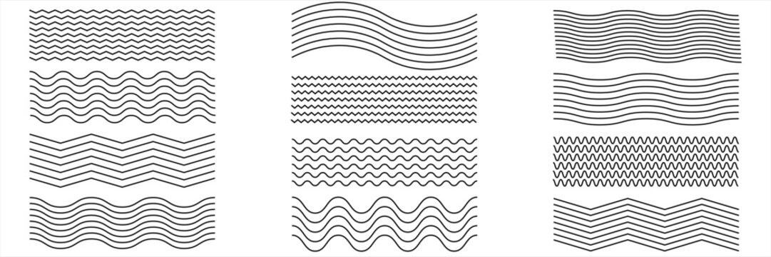 Set of wavy horizontal underline pattern lines. Wiggle undulate border sine stroke. Curved lines for water, wind, sound symbols isolated in white background. Abstract vector illustration