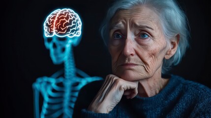 A contemplative elderly woman gazes thoughtfully, with a glowing brain illustration beside her, suggesting themes of aging and introspection.