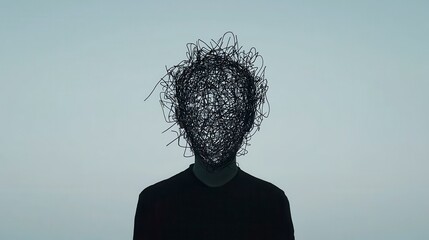 A surreal figure with a chaotic, tangled head silhouette against a simple background, symbolizing confusion or mental turmoil.