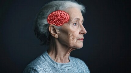 An elderly woman side profile with gray hair, adorned with a decorative flower, exuding wisdom and grace in a dark background.