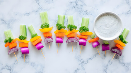 crudite. Colorful vegetable skewers with dip, presented as a healthy appetizer on a marble surface. menu design, packaging mockups, designed for food delivery and cloud-kitchen brand materials.