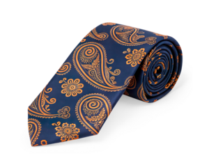 A close-up studio shot of a navy blue silk necktie featuring an intricate orange paisley design, neatly rolled up and displayed against a pure Transparent background.