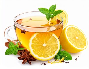 Lemon Tea Serenity: A delicate glass cup cradles a soothing infusion, garnished with fresh mint sprigs, star anise, and lemon slices. Capturing the essence of tranquility and aromatic pleasure.