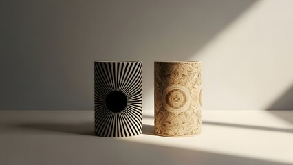 Two decorative cylindrical objects on a table with sunlight