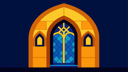 Fototapeta premium A vibrant yellow and blue stained glass door in a Gothic archway, set against a dark blue background.