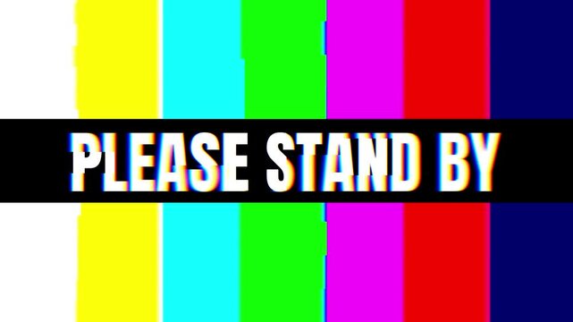 Please Stand By Text Animation. No Signal Broadcast With Glitch Distortion Noise 4k Video