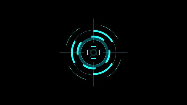 Digital target depicting a sophisticated scope with glowing color circular elements representing technology icon. Digital targeting system HUD interface on a black background.