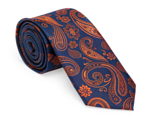 A close-up studio shot of a navy blue silk necktie featuring an intricate orange paisley design, neatly rolled up and displayed against a pure Transparent background.