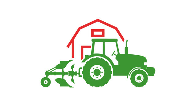 Green farm tractor with a plow in front of a red barn silhouette, representing agricultural work and rural farming on an isolated white background.