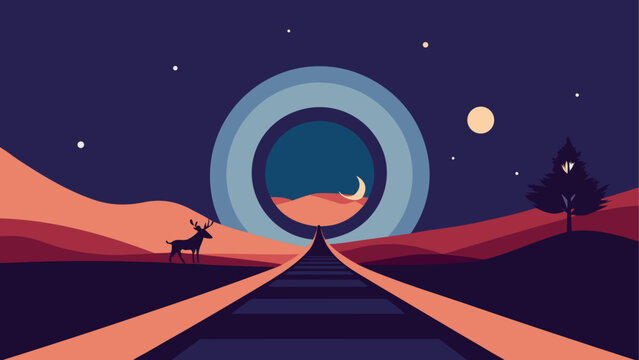 A serene desert landscape at night with a deer standing beside railroad tracks leading to a crescent moon.