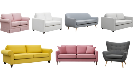 Collection of modern armchairs and sofas isolated on transparent background