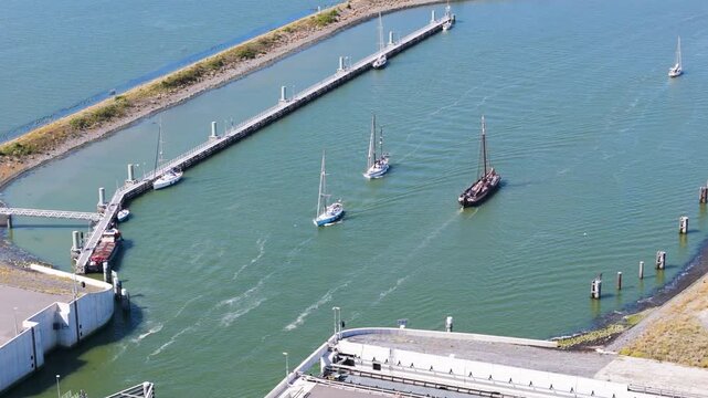a7 motorway crosses narrow stone walled lock chambers lorentzsluizen system complex infrastructure manages water levels kornwerderzand afsluitdijk netherlands north holland 