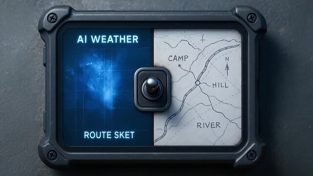AI weather map device with manual control lever showing camp hill and river route sketch for precision navigation skills and outdoor adventure planning with clear functional design