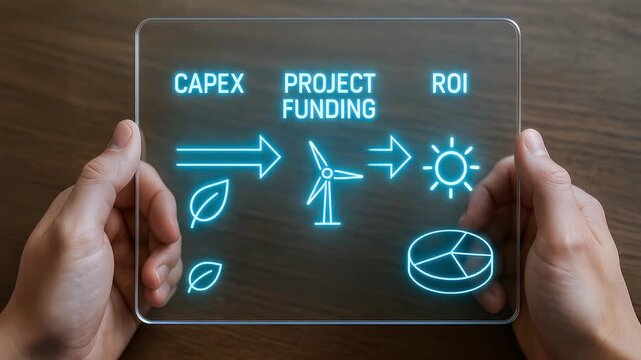 Transparent tablet displays glowing blue interface with flowchart of CAPEX, project funding, ROI, eco friendly icons, and pie chart symbolizing sustainable investment and return on investment
