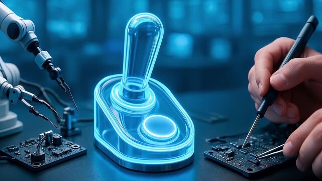 Futuristic joystick hologram surrounded by robotic arm and hand soldering electronic circuit, symbolizing advanced robotics, human-machine collaboration, and modern electronics innovation.