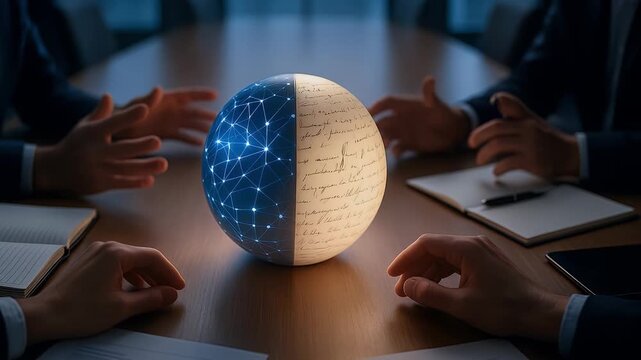 Digital network and handwritten script sphere on wooden table showcasing business teamwork communication technology connection precision and manual skills in collaborative environment for innovation