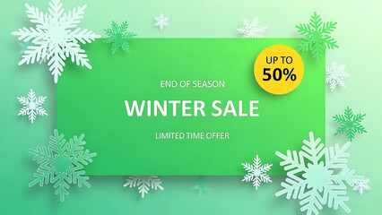 Green winter sale banner with snowflakes and 50 percent discount 1