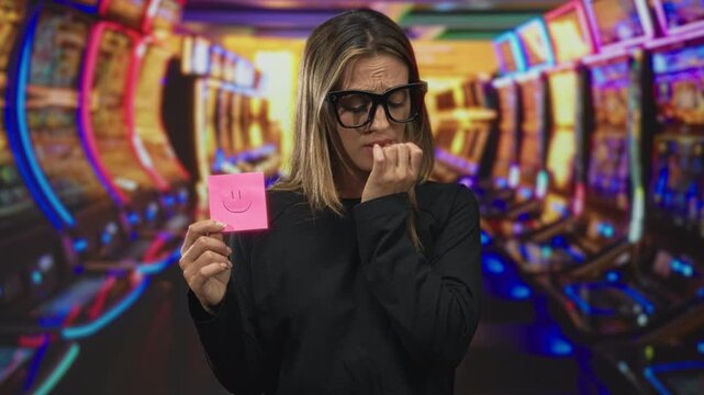 Woman biting nails while holding a pink sticky note with a smiley by slot machine inside casino building, wearing black top and glasses; gambling anxiety.
