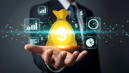 Businessman holding glowing money bag with financial icons