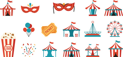 Vibrant carnival icons set for festive event promotions