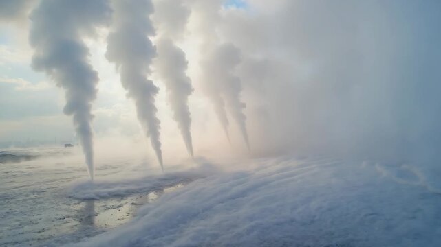 Geothermal Steam Vents Erupting In Misty Landscape Nature Energy Source