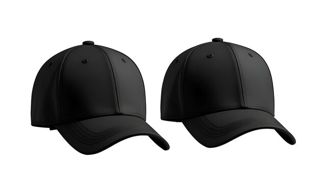Two identical black baseball-style caps shown at different angles, floating on a black background