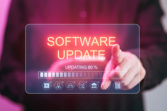 User interacts with digital software update interface showing progress at 80 percent in modern technology setting - Powered by Adobe