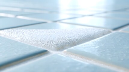 A detailed low angle view of light blue mosaic tiles one tile features a distinct bubbly texture from water or foam contrasting with the smooth glossy surfaces of adjacent tiles