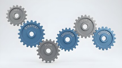 Connected blue and gray 3D gears illustrating the logical progression from initial idea to business success