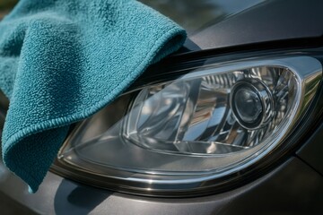 Soft microfiber cloth wiping and polishing a modern vehicle's headlight, emphasizing car care and detailing concepts