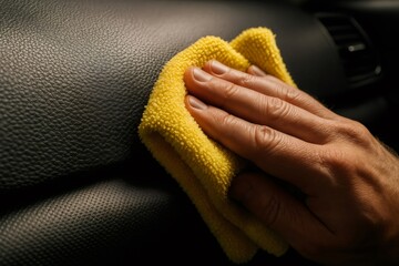 Person wiping black car dashboard using a yellow microfiber cloth. Focusing on car interior detailing and regular vehicle maintenance