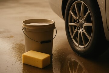 Car detailing essentials with a bucket of soapy water and a sponge ready for cleaning an automotive wheel
