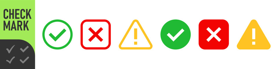 check mark icon button set. check box icon with right and wrong buttons and yes or no checkmark icons in green tick box and red cross. exclamation mark information icon © Петро Корженівський