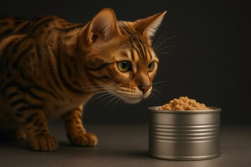Bengal cat looking curiously at a metal food can filled with wet food, focusing on pet nutrition and feeding concepts