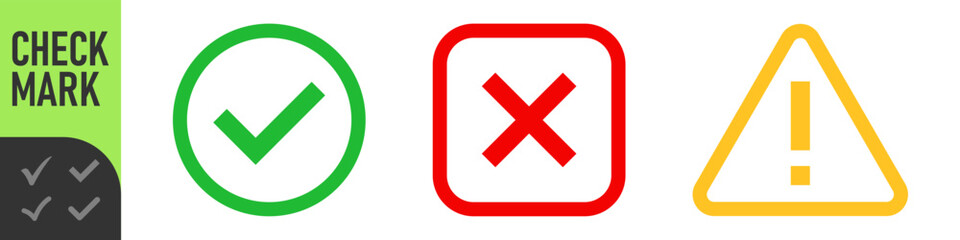 Obraz premium check mark icon button set. check box icon with right and wrong buttons and yes or no checkmark icons in green tick box and red cross. exclamation mark information icon