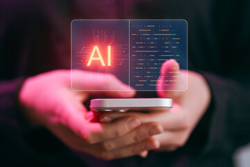 Person holds smartphone while interacting with digital display showing AI technology and data...