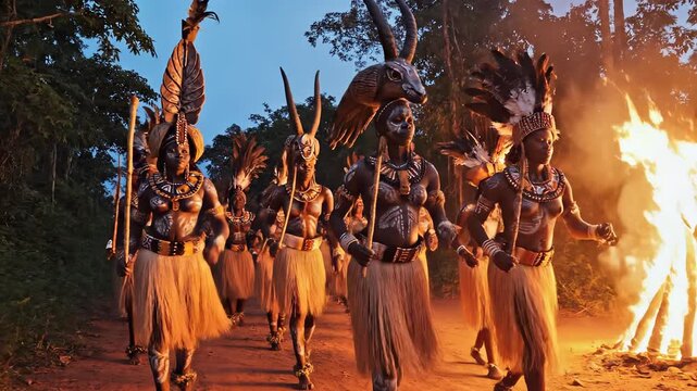 African cultural dance performance with traditional costumes and masks.