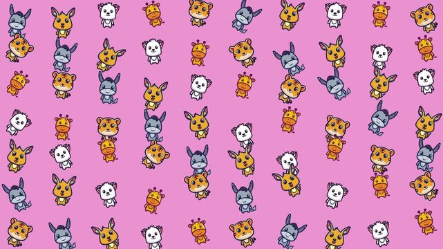 Background of cartoon animal faces on pink for kids products, stationery design, childrens clothing, and party supplies. Eyecatching and playful.