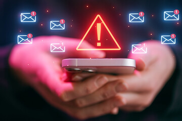 Notifications about messages on a smartphone with alert icon and email symbols in a dark setting